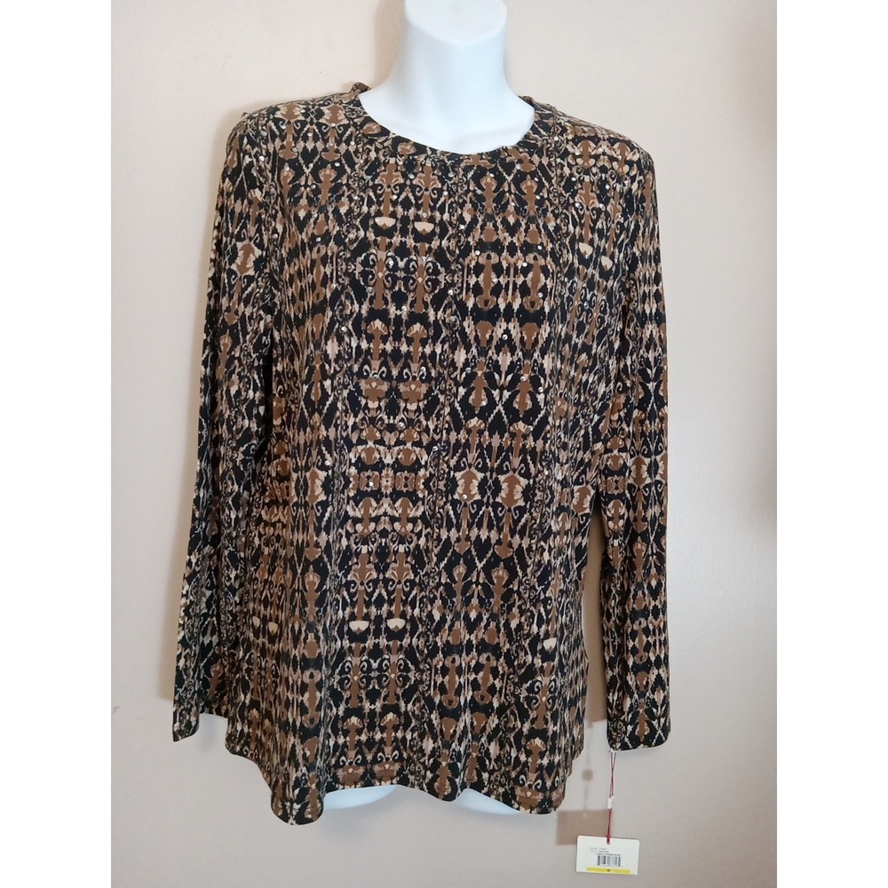 Rafaella Women Tawny Brown Studded Forest Dream Sport Long Sleeve Top Size M